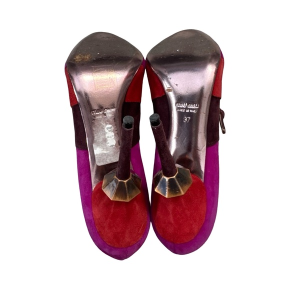 Miu Miu Colorblock Suede Mary Jane Heels Size 37 Sculptural Heel Designer Pink - Picture 2 of 11